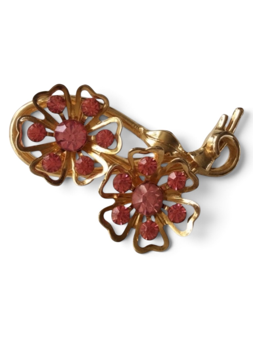 Vintage CORO Double Floral Brooch – 1950s Gold‑Tone, Rare Pink Rhinestones - Picture 5 of 12